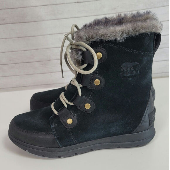 SOREL Explorer Joan Suede Winter Boots in Black/Dark Stone, sz 9 - Picture 3 of 15